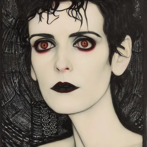 Image similar to death, a young and beautiful pale goth girl wearing a black vest and black punk hair, an ankh medallion hangs around her neck. the actress winona ryder, portrait by joshua middleton and gustav klimt, vertigo comic