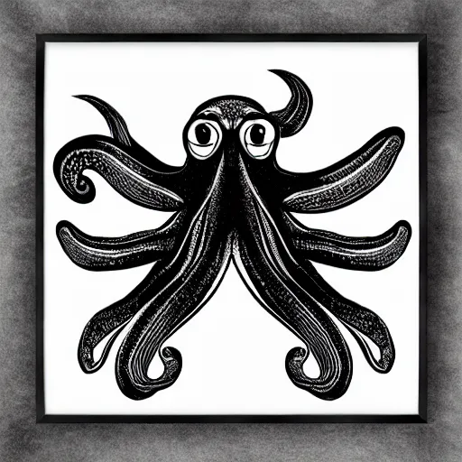 Prompt: very angry squid, 🦑 design in square frame, black and white, mad cuttlefish, cute decapodiformes