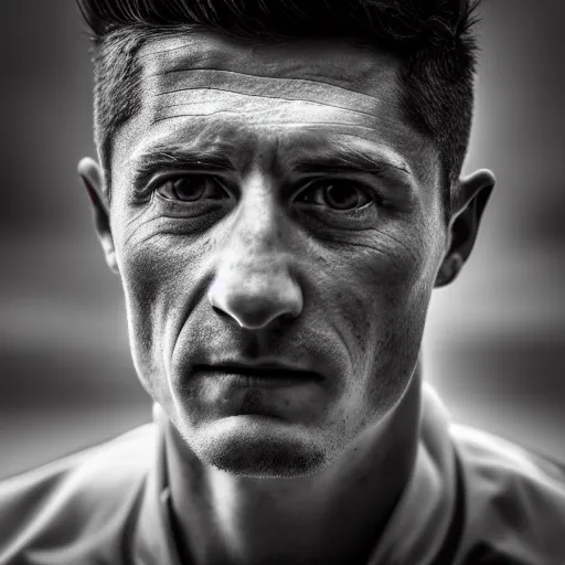 Image similar to Portrait of a Robert Lewandowski , EOS R5, f/2.8, HDR, natural light, medium close shot, dynamic pose, award winning photograph, Michelangelo style