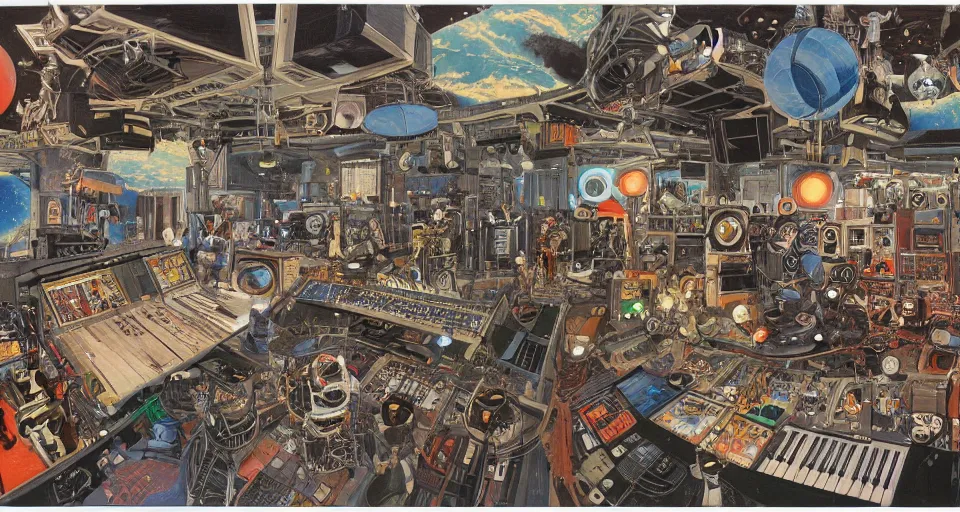 Image similar to collage wide angle view of highly detailed 70s scifi illustration collage of a space station interior with robots playing musical instruments in a music studio