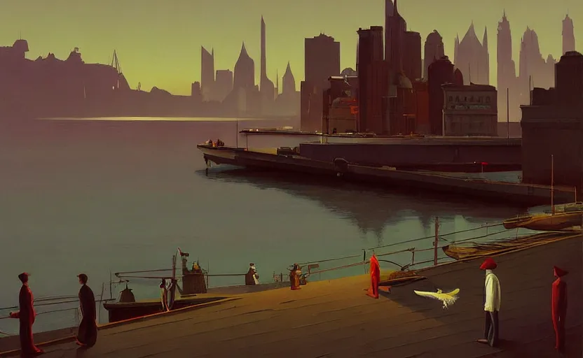 Image similar to Old victorian harbour at dusk, very coherent, painted by Edward Hopper, Wayne Barlowe, painted by James Gilleard, airbrush, art by JamesJean