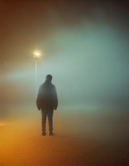 Image similar to film photograph of vagrant at night volumetric fog