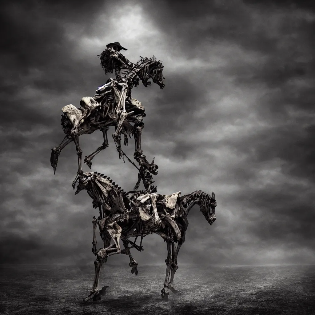 Image similar to a skeleton on a horse in the abyss, dark and mysterious, stopped in time, atmospheric, ominous, eerie, cinematic, epic, 8 k, 4 k, ultra detail, ultra realistic