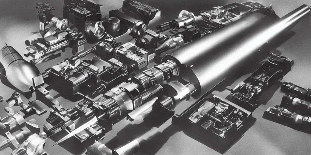 Prompt: knolling of ww 2 space laser weapons, archive photograph, 1 9 5 0's, sci - fi,