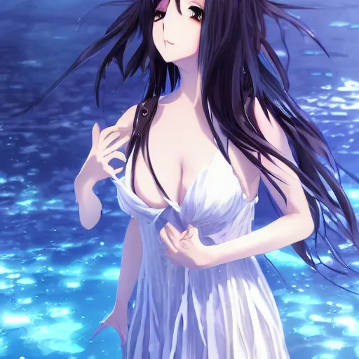 Image similar to a very beautiful anime girl wearing a dress made of water standing in a crystal lake , full body, very long black hair, azure blue watery eyes, full round face, seductive stare, cinematic lighting, medium shot, mid-shot, highly detailed, trending on artstation, Unreal Engine 4k, Stanley Artgerm Lau, WLOP, Rossdraws, James Jean, Andrei Riabovitchev, Marc Simonetti, and Sakimichan
