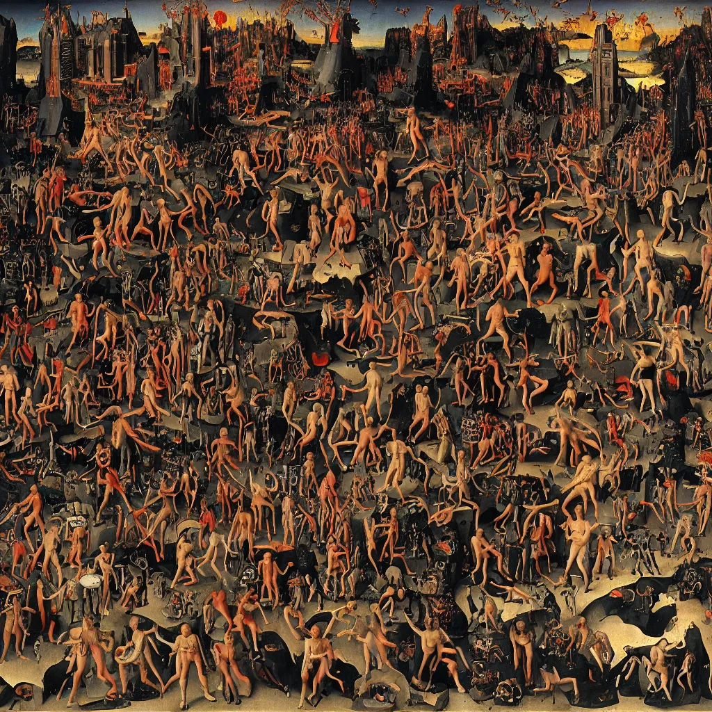 Prompt: hell, hans memling, cyberpunk style