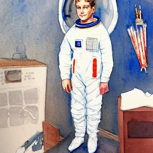 Image similar to Orville Houghton Peet and William Simpson and Jean Gautier watercolor painting sketch of a boy super scientist in a retro home made astronaut suit