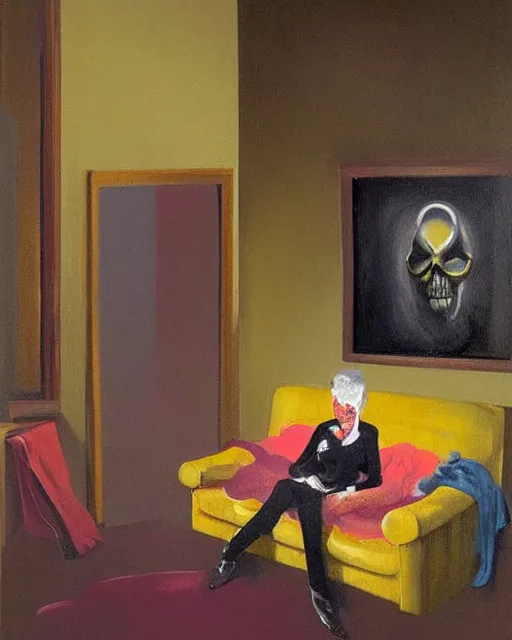 Prompt: old dead couple sitting on a couch and a dark figure crying in the corner with clouds at red and yellow art deco interior room in the style of Francis Bacon and Syd Mead, open ceiling, highly detailed, painted by Francis Bacon and Edward Hopper and Beksiński, painted by James Gilleard, surrealism, airbrush, very coherent, triadic color scheme, art by Takato Yamamoto and James Jean