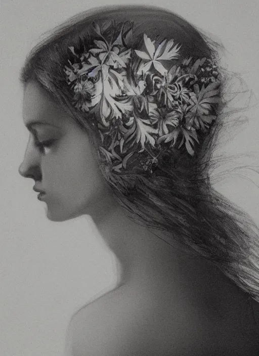 Prompt: a beautiful woman's face in profile made of flower and leaf skeleton, in the style of the dutch masters and gregory crewdson, dark and moody,