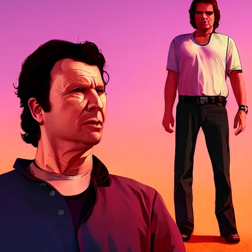 Prompt: GTA V Cover art of Neil Breen, Grand Theft Auto, by Christopher Balaskas and artgerm, vibrant, digital art, landscape, studio lighting, model, realism, 4k