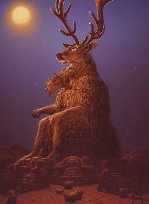 Prompt: A small reindeer king sitting on a throne in the middle of Egypt, desaturated, Tim Hildebrandt, Wayne Barlowe, Bruce Pennington, donato giancola, larry elmore, oil on canvas, masterpiece, trending on artstation, featured on pixiv, cinematic composition, dramatic pose, beautiful lighting, sharp, details, hyper-detailed, HD, HDR, 4K, 8K