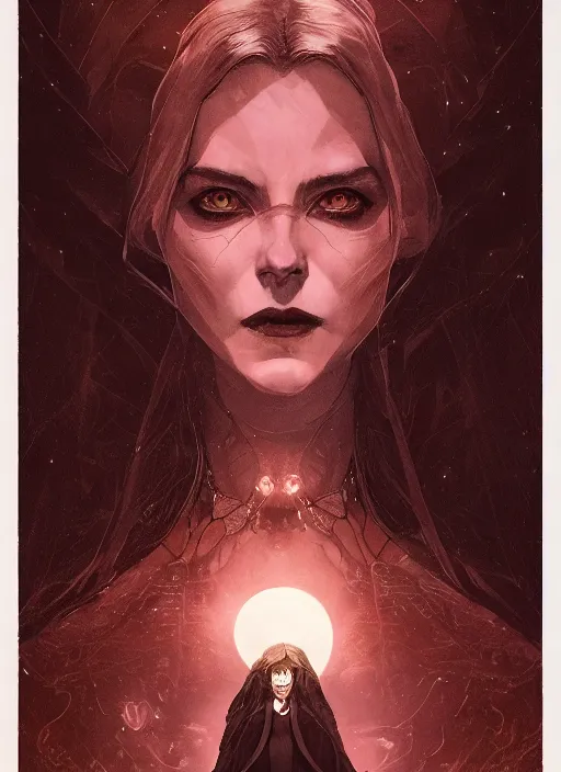 Image similar to symmetrical centered portrait of Anna Millerstone as a Dark evil witch, big moon in the background, dramatic lighting, book cover illustration by Greg rutkowski, yoji shinkawa, 4k, digital art, concept art, trending on artstation, golden silver elements, empty space, flower elements