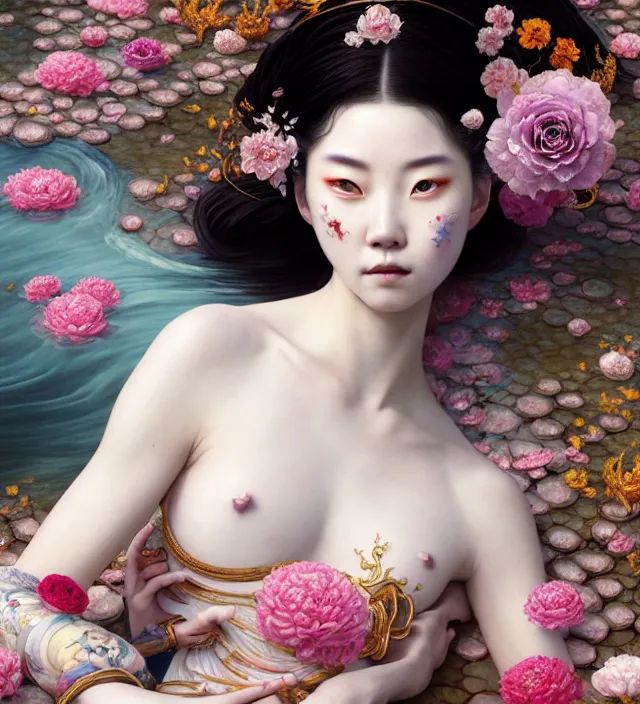 Image similar to baroque portrait of one yakusa tattooed geisha woman of porcelain skin with biomechanic organic elements connected is lying down in a river made of thousand of flowers, cinematic lighting, photorealistic, octane render, 8 k, depth of field, art by artgerm and greg rutkowski and alphonse mucha and uang guangjian