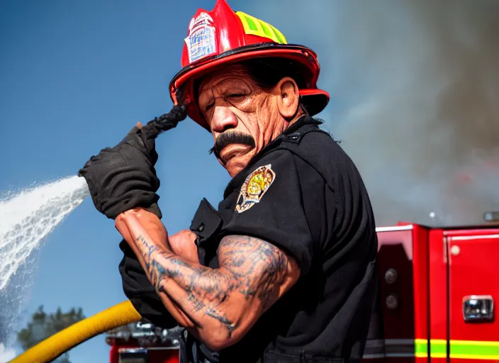 Image similar to photo of danny trejo as a firefighter putting out a big fire, 8 k, 8 5 mm f 5. 6