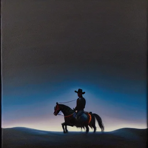 Image similar to a painting of a cowboy riding a horse into the dark horizon, high contrast, black and blue color scheme, dark, creepy, night, far away