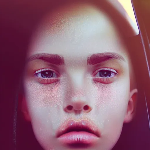 Image similar to beautiful hyperrealism hyperdetailed selfie of a cute young woman sitting in her car, flushed face, red blush, light freckles, puffy lips, soft features, 8 k, sharp focus, art by irakli nadar