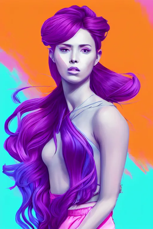 Image similar to a award winning half body portrait of a beautiful woman in a croptop and cargo pants with ombre purple pink teal hairstyle with head in motion and hair flying by wlop, outrun, vaporware, shaded flat illustration, digital art, trending on artstation, highly detailed, fine detail, intricate