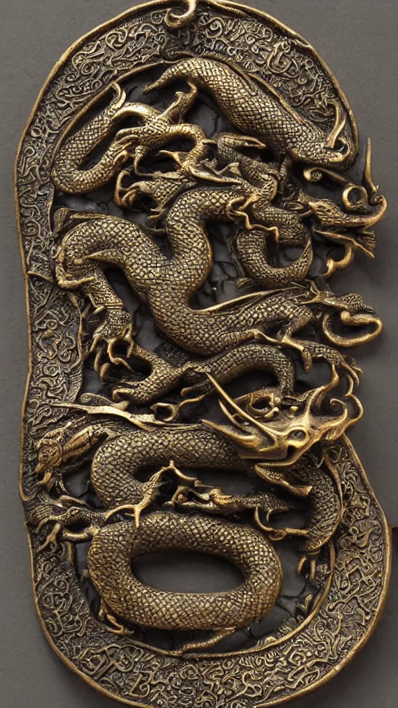 Prompt: a bronze bracelet carved into the shape of dragon, hang on a sharp edge of a silver sword, held by a soldier in Dark steel armour from Ming dynasty on a high platform, China, smokey, rainy atmosphere with great dignity, foggy atmosphere , Bottom view