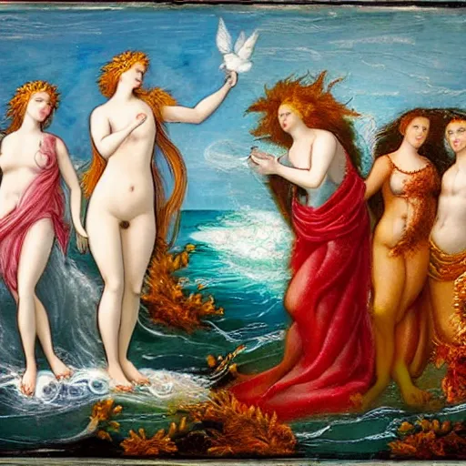 Prompt: The mixed media art depicts the goddess Venus, who is born from the sea, being blown towards the shore by the wind god Zephyr. On the shore, the goddess of love, beauty, and fertility, is greeted by the nymphs who attend to her. The mixed media art is a masterful example of use of color, light, and perspective. The figures are depicted in graceful poses, and the overall effect is one of serenity and beauty. white by Heather Theurer mournful