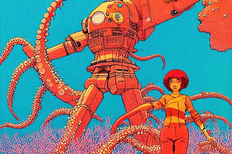 Image similar to risograph grainy drawing vintage sci - fi, satoshi kon color palette, gigantic gundam full - body covered in iridescent dead coral reef 1 9 6 0, kodak, with lot tentacles, natural colors, codex seraphinianus painting by moebius and satoshi kon and dirk dzimirsky close - up portrait