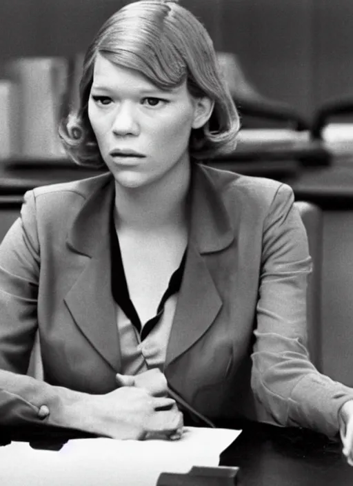 Image similar to A movie still of Lea Seydoux as Secretary of State in 1976 thriller movie.