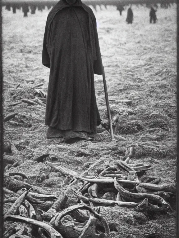 Prompt: portrait of faceless grim reaper standing in field of bones, ww1 photo, grainy, high detail, high resolution,