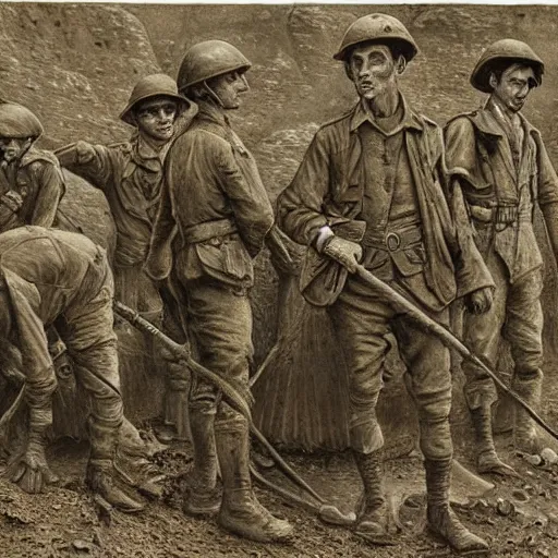 Image similar to ultra detailed photorealistic sepia - toned line drawing from 1 9 1 7, a small group of british soldiers standing at an archaeological dig site in wadi rum, ultra realistic, painted, intricate details, lovecraft, atmospheric, dark, horror, brooding, highly detailed, by clyde caldwell