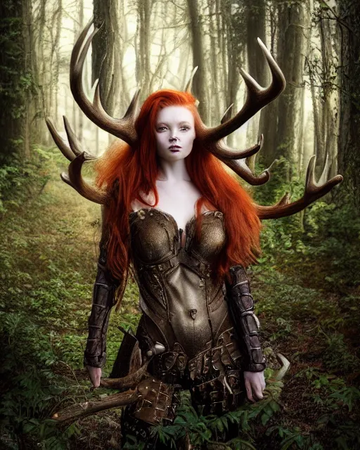 Image similar to 5 5 mm portrait photo of an armored redhead woman warrior, and antlers growing from her head, in a magical forest. by luis royo. highly detailed 8 k. intricate. lifelike. soft light. nikon d 8 5 0. cinematic post - processing