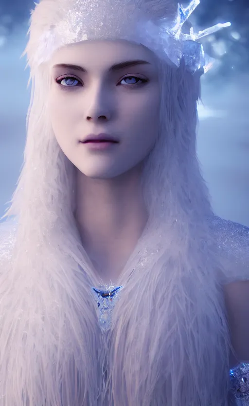 Prompt: ice goddess with beautiful face with a glowing blue crystal on her forehead, frosty white eyes, winter mist around her, white plated armor, pale skin, white smoke, photorealism, octane render, frostbite, 8 k, cinematic, 3 5 mm