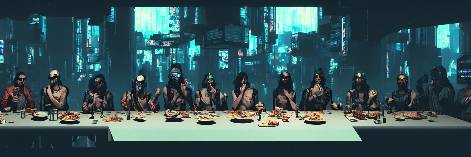 Image similar to the last supper, cyberpunk style, octane render