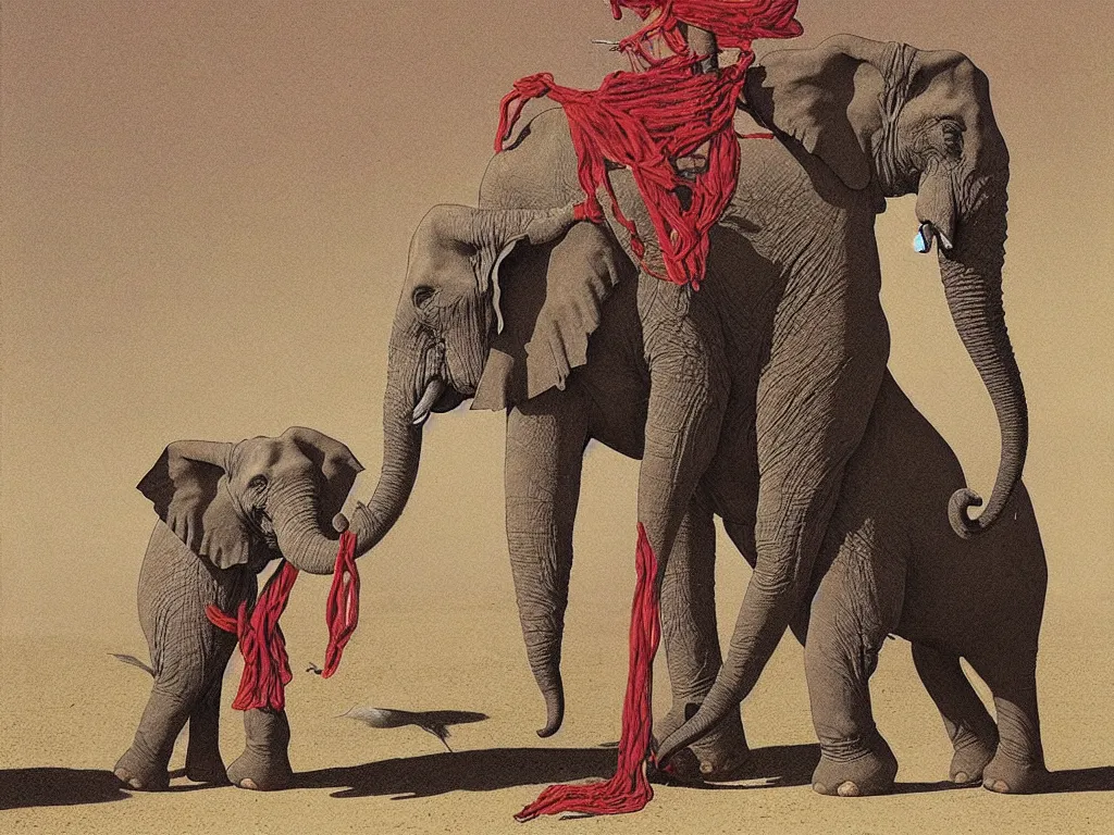 Image similar to Elephant tied to a pole in the desert with giant red mounds. Painting by Moebius, Walton Ford