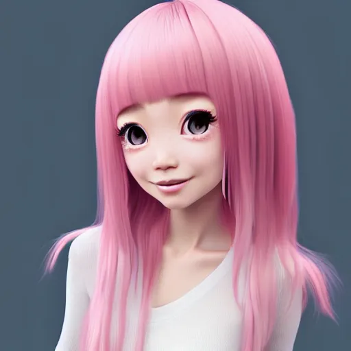 Prompt: A portrait of Nikki from Shining Nikki and Love Nikki, a cute 3d cgi toon young woman with long light pink hair, full bangs, hazel eyes, full face, light makeup, pale skin, Chinese heritage, cute outfit, medium shot, mid-shot, hyperdetailed, 8k, trending on artstation, as a Pixar character