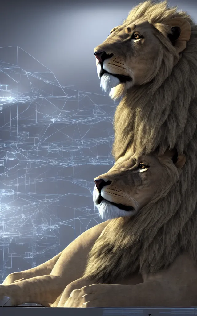 Image similar to sixteenk absolutelyrealenginerender of a majestic lion emperor sits on a royal throne connected to an ai cybernetic super - computer mainframe with futuristic displays and technology