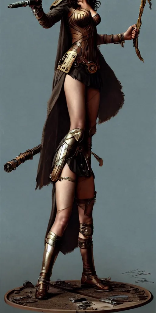 Image similar to highly detailed steampunk gal gadot standing, cape, bo staff : leonardo da vinci, greg rutkowski, magali villeneuve