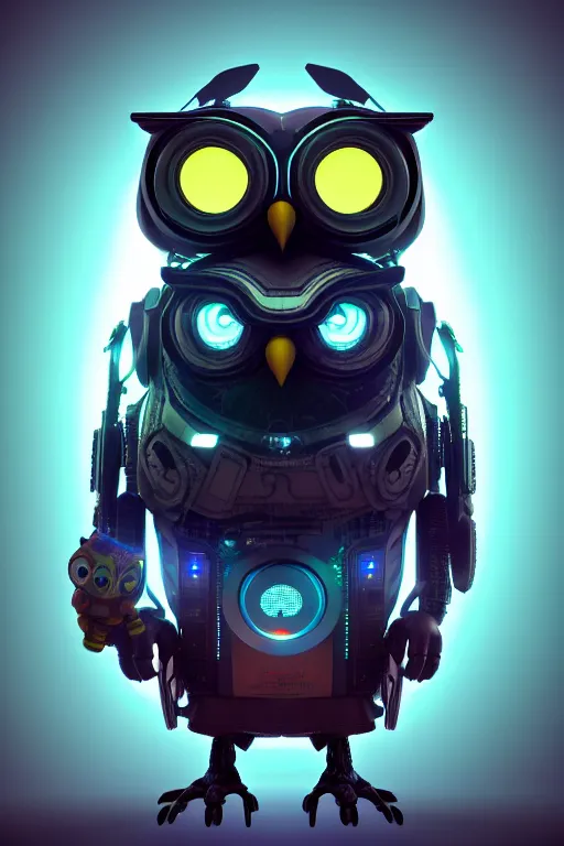 Image similar to high quality 3 d render very cute cyborg owl! with boombox!, cyberpunk highly detailed, unreal engine cinematic smooth, in the style of blade runner & detective pikachu, hannah yata charlie immer, moody light, low angle, uhd 8 k, sharp focus