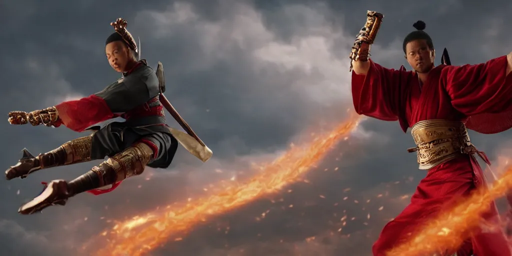 Image similar to a film still of a light skinned black man starring as an ancient samurai flying doing a flying kick, japanese blockbuster film, the sky is red, shallow depth of field, cinematic, award winning cgi, vfx, film still