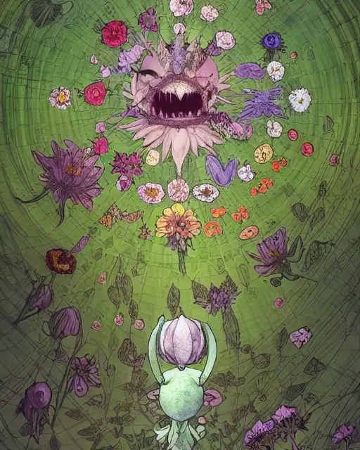 Image similar to the platonic ideal of flowers, sprouting, insects and praying of cletus kasady carnage davinci mandala ponyo alice in wonderland dinotopia watership down, hollow knight, d & d, fantasy, ego death, mdma, dmt, psilocybin, concept art by greg rutkowski and simon stalenhag and alphonse mucha and john bauer