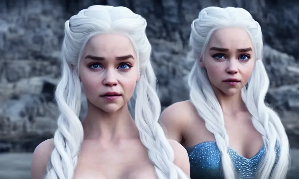 Image similar to If Elsa Jean was Daenerys Targaryen. Cinematic shot. Movie trailer. 4k ultra hd. Portrait. Dramatic. Futuristic background.