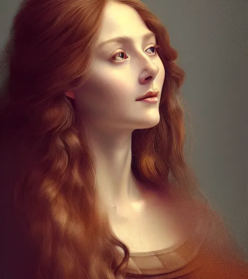 Prompt: portrait of a beautiful long - haired woman sitting upon a table with heightened detail, detailed facial expression, detailed surroundings, elegant, highly detailed, centered, digital painting, artstation, concept art, smooth, sharp focus, illustration, by ( leonardo da vinci ), wlop