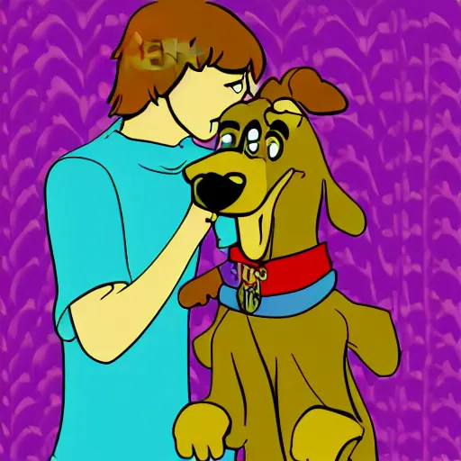 Image similar to shaggy and scooby - doo kissing, digital art