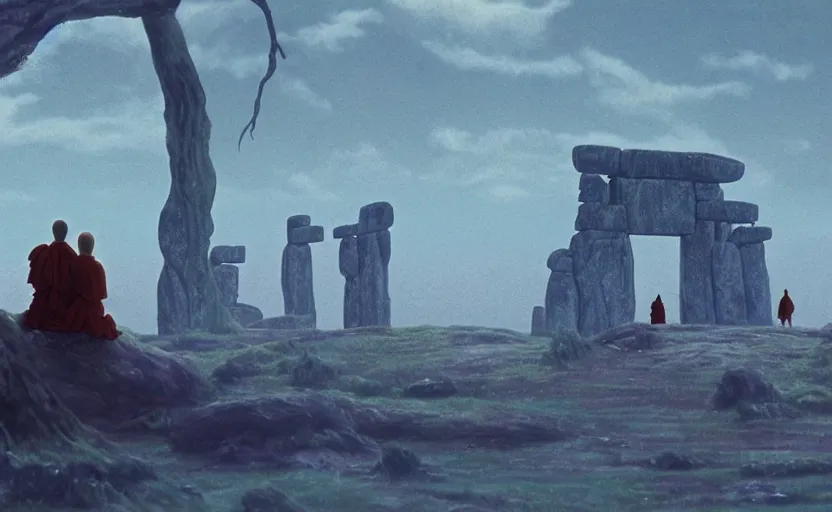 Image similar to movie still from princess mononoke ( 1 9 9 7 ) showing a highly detailed landscape with two monks in lotus position with stonehenge in the background 1 9 8 0 s science fiction, 1 9 7 0 s science fiction, cyberpunk, moody, misty, depth perception, 4 k, artstation