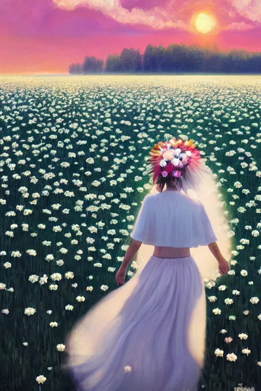 Prompt: giant white daisy flower crown as head veil, girl walking in a flower field, surreal photography, sunrise, dramatic light, impressionist painting, colorful clouds, digital painting, artstation, simon stalenhag