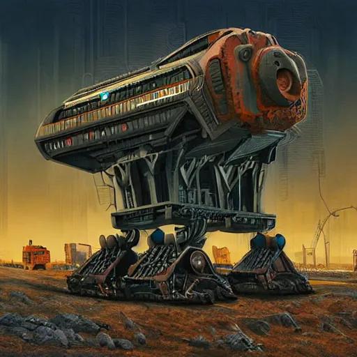 Image similar to giant scary quadrupedal mining machine, four legs, highly detailed body, retro, industrial, in the style of simon stalenhag