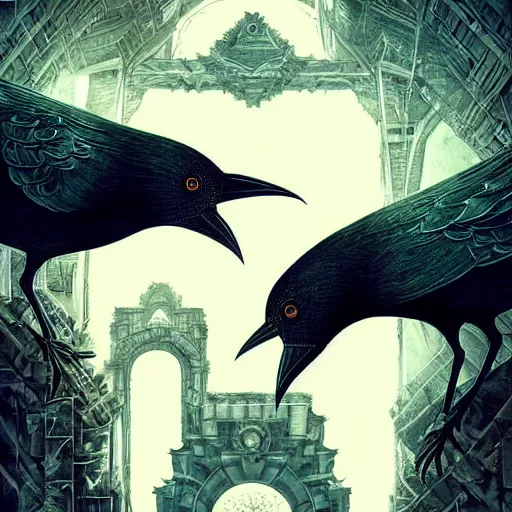 Image similar to crows at a architectural complex with an occult witch by Android Jones and M. C. Escher collaboration, futurist, digital art, dramatic lighting, symbolic