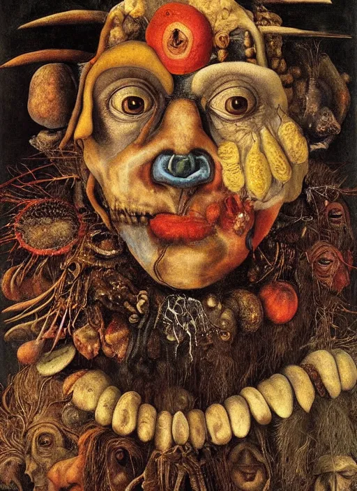 Image similar to a surreal painting of a shaman's face, by Giuseppe Arcimboldo, voodoo, occult, cosmic, symbolist, soft colors, dramatic lighting, smooth, sharp focus, extremely detailed, aesthetically pleasing composition