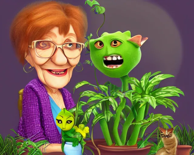 Image similar to detailed cartoon portrait of an old lady and her plant cat, pixar, sharp high quality