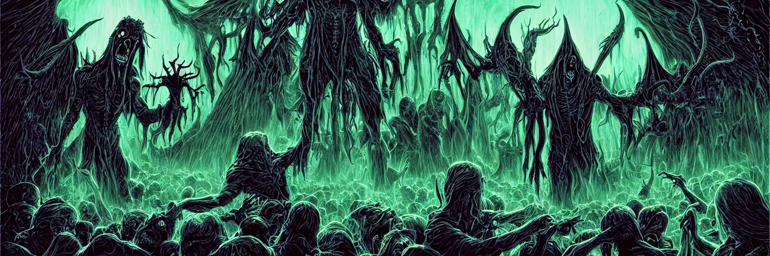 Prompt: A photograph of a hellspawn demon greeting souls of sinners at the gates of the River Styx by Dan Mumford and Josan Gonzalez and Feng Zhu and Loish and Stephen Gammell: 1, black border: 0.75, vibrant: 0.75, psychedelic, green: 0.5, blue: 0.5