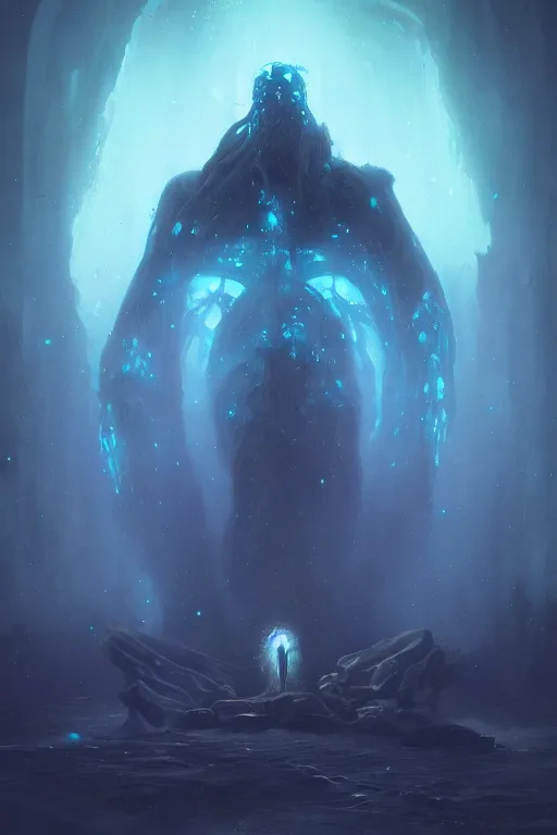 Image similar to bioluminescence, great old one, eldritch god, deity, god, cosmic, nightmare, outer space, aliens, digital art, magic the gathering, mtg, by greg rutkowski, trending on artstation