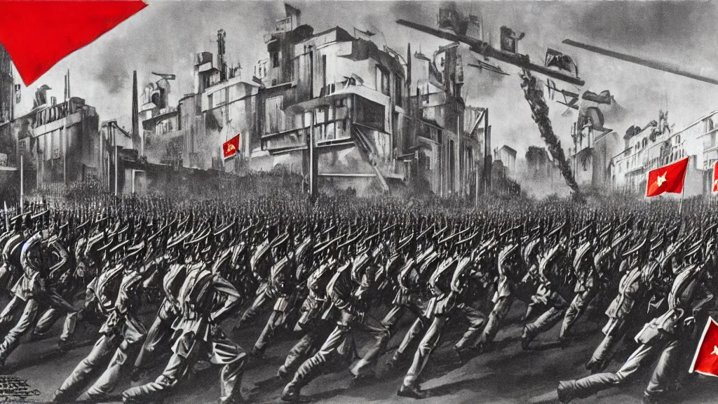 Image similar to army parade glorious march, futuristic alternate timeline, anarcho - communist hordes, red and black flags, modernist factories in background, art by max ernst, cnt spanish civil war era propaganda, extremely detailed, 4 k