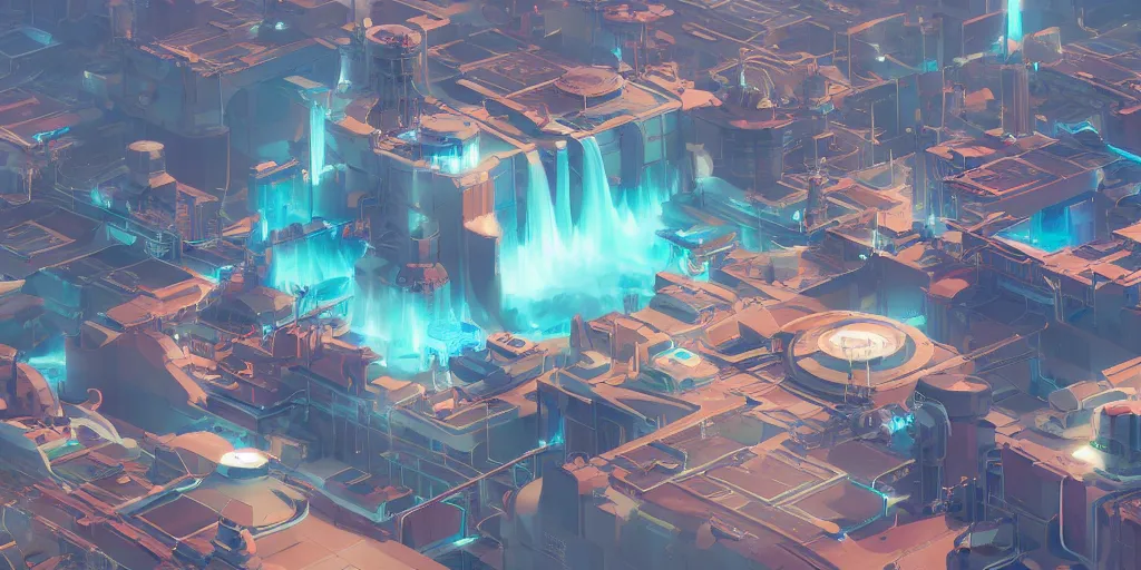 Image similar to aerial view of a renewable futuristic powerplant, mattepainting concept Blizzard pixar maya engine on stylized background splash comics global illumination lighting artstation lois van baarle, ilya kuvshinov, rossdraws